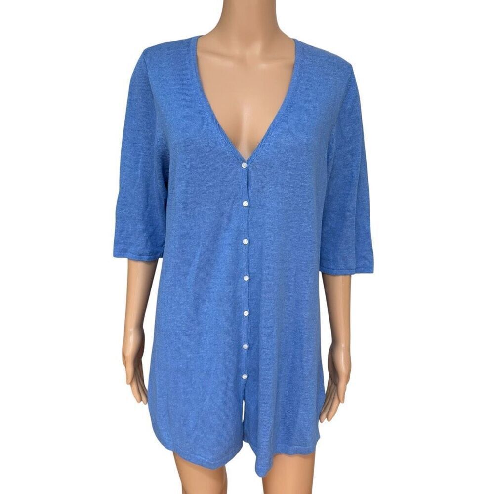 J. Jill Cardigan linen blend Sweater Size M 3/4 Sleeve Blue Button